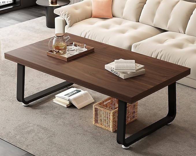 HSH Rustic Walnut Coffee Table, Modern Center Table, Rectangle Industrial Living Room Coffee Table, Simple Farmhouse Wood and Metal Tea Table for Home Bedroom Office, Walnut, 47 in