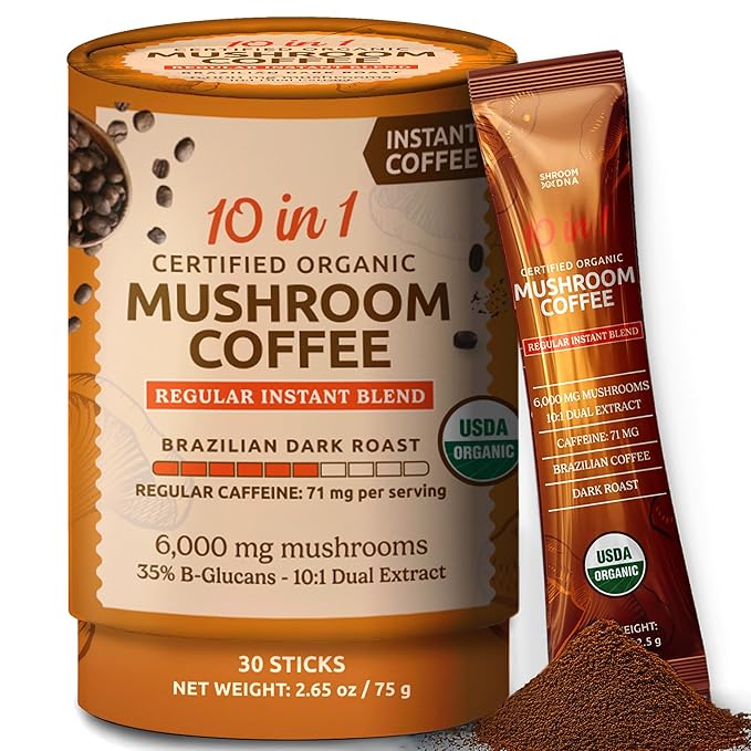10-in-1 USDA Certified Organic Mushroom Coffee Instant, Instant Mushroom Coffee Brazilian Dark Roast for Better Energy, Focus, Gut Health, 30 Sticks, Regular Caffeine - MatchaDNA