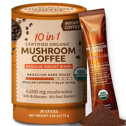 10-in-1 USDA Certified Organic Mushroom Coffee Instant, Instant Mushroom Coffee Brazilian Dark Roast for Better Energy, Focus, Gut Health, 30 Sticks, Regular Caffeine - MatchaDNA