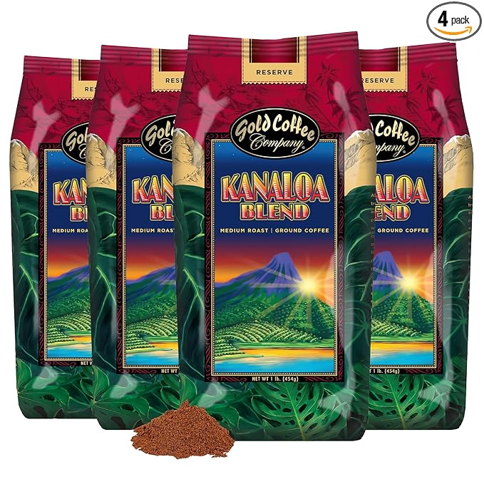 Gold Coffee | Kanaloa Premium House Blend, Medium Roast, Ground |100% Arabica Coffee, 1 lb. (Pack of 4)