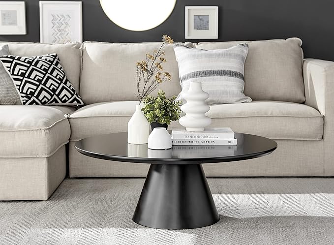 Coffee Table - Palma Round Coffee Table - Contemporary Minimalist Black Round Coffee Table with Tapered Central Pillar - Living Room Furniture