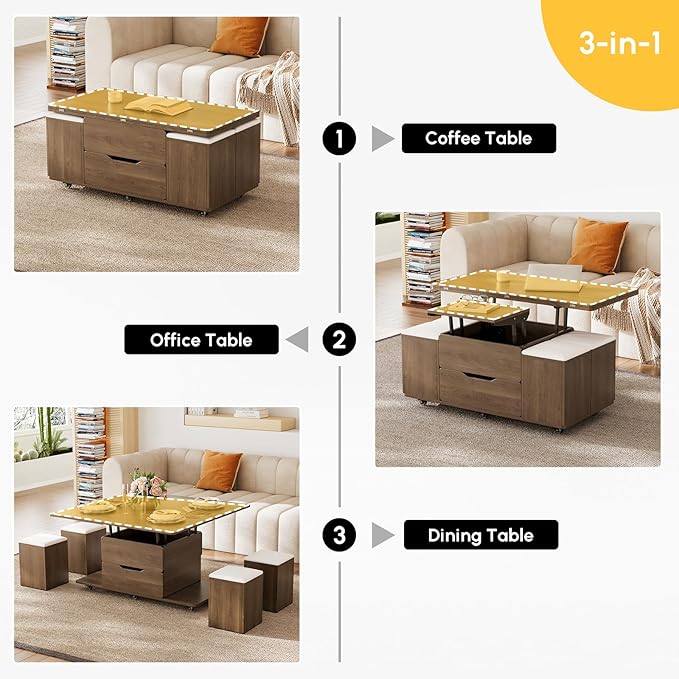 homary Lift-Top Coffee Table with Hidden Storage, 3-in-1 Modern Folding Center Table with 4 Stools, Casters, and Lockable Wheels – Convertible Dining & Office Table for Living Room (Walnut)