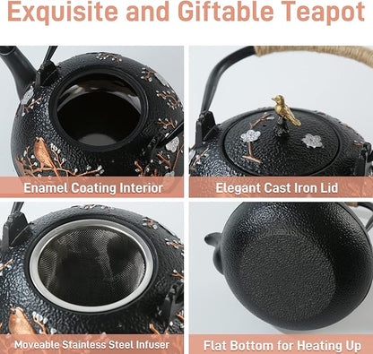 Cast Iron Teapot SECHUDO Teapot for Stovetop Safe Coated with Enameled Interior,Japanese Beautiful Tea Kettle with Stainless Steel Infuser for Loose Tea (40.6oz/1200ml)