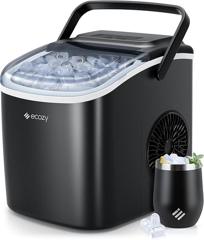 ecozy Ice Maker Countertop, 9 Cubes Ready in 6 Mins, 26 lbs per Day, Portable Ice Machine with Self-Cleaning, 2 Ice Sizes for Home, Kitchen, Camping, Office, RV, Cup Included, Black