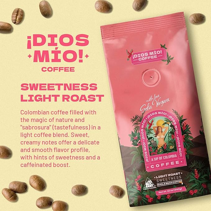 Dios Mio Coffee by Sofia Vergara, Light Roast, Whole Bean Premium Colombian Coffee, 12 Ounce Bag (Pack of 2)
