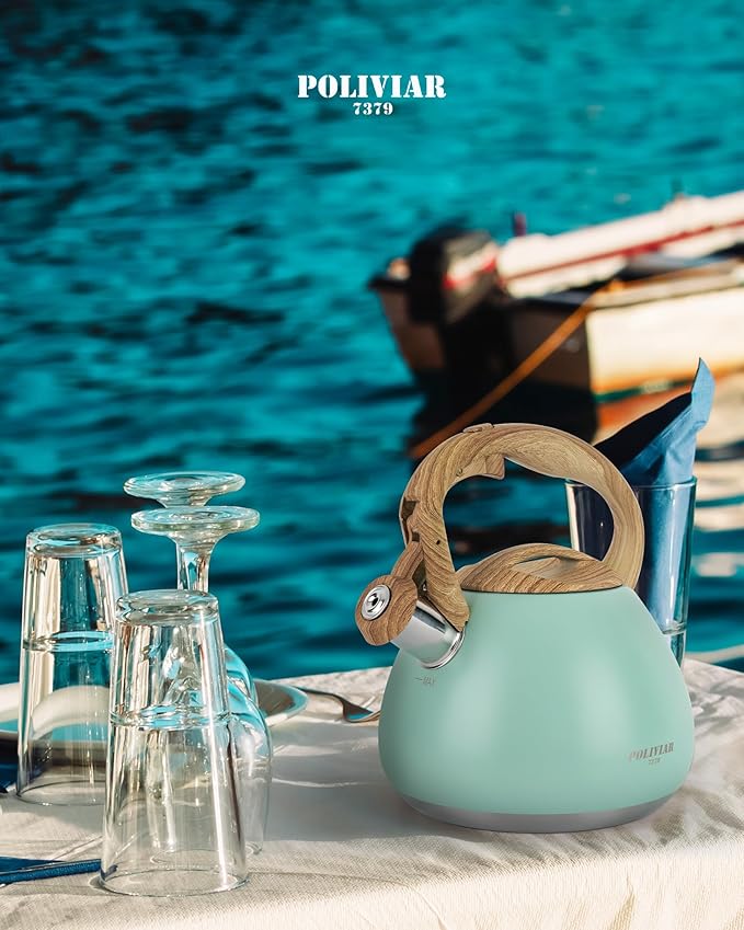 POLIVIAR Tea Kettle, 2.7 Quart Blue Finish with Wood Pattern Handle Loud Whistle Food Grade Stainless Steel Teapot, Anti-Hot Handle and Anti-Rust, Suitable for All Heat Sources JX2025-TB30