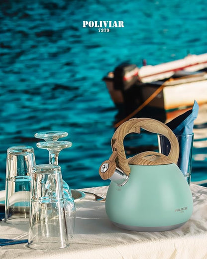 POLIVIAR Tea Kettle, 2.7 Quart Blue Finish with Wood Pattern Handle Loud Whistle Food Grade Stainless Steel Teapot, Anti-Hot Handle and Anti-Rust, Suitable for All Heat Sources JX2025-TB30