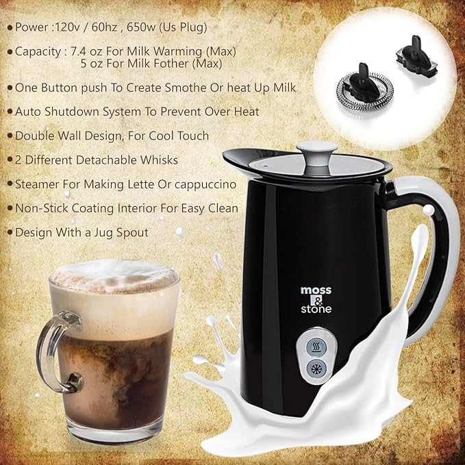 Moss & Stone Electric Milk Frother For Making Latte, Cappuccino, Hot Chocolate, Automatic Cold Hot Milk Frother & Warmer, Foam Maker, Auto Shut-Off, Detachable Base & Non-Stick Interior.
