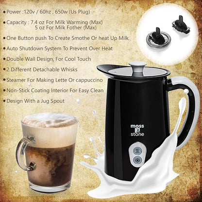 Moss & Stone Electric Milk Frother For Making Latte, Cappuccino, Hot Chocolate, Automatic Cold Hot Milk Frother & Warmer, Foam Maker, Auto Shut-Off, Detachable Base & Non-Stick Interior.
