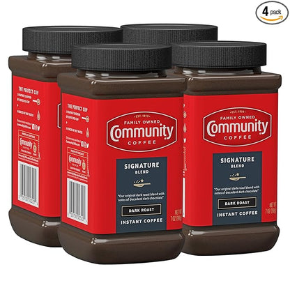 Community Coffee Signature Blend Dark Roast Premium Instant 7 Oz Jar (Pack of 4), Full Body Rich Bold Taste, 100% Select Arabica Coffee Beans