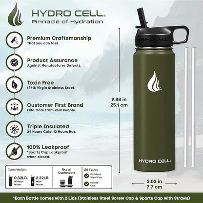 HYDRO CELL Stainless Steel Insulated Water Bottle with Straw - For Cold & Hot Drinks - Metal Vacuum Flask with Screw Cap and Modern Leakproof Sport Thermos for Adults (Army 24oz)