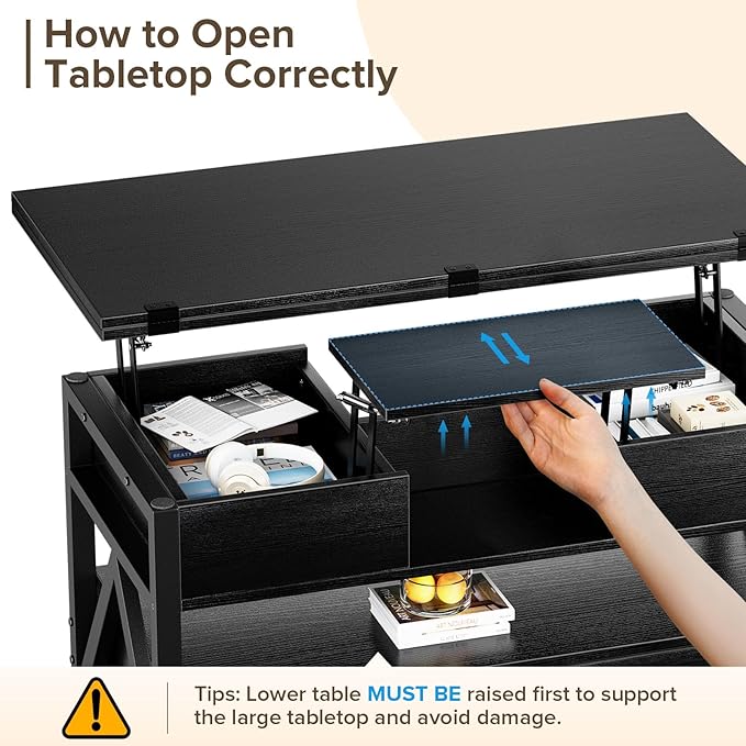 40" Lift Top Coffee Table,4 in 1 Multi-Function Lift Coffee Tables with Storage Drawers and Hidden Compartmen,Farmhouse Coffee Table with Lifting top for Living Room,Black