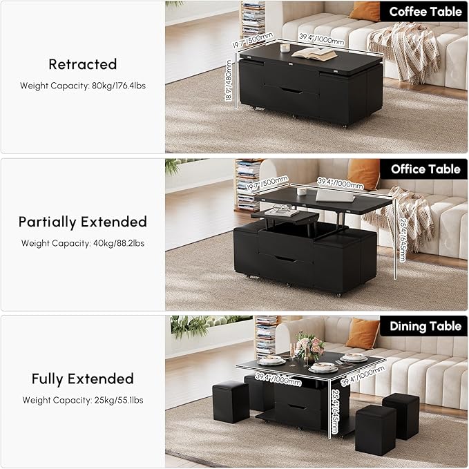 homary Black Lift-Top Coffee Table with Hidden Storage, 3-in-1 Modern Folding Center Table with 4 Stools, Casters, and Lockable Wheels – Convertible Dining & Office Table for Living Room