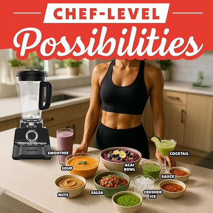 Gourmia Countertop Commercial Blender – 2L BPA-Free Pitcher, 4 Presets, 1500W High-Speed Motor, 45,000 RPM, Variable Speed Dial, Built-In Tamper, Dishwasher-Safe Parts, Black