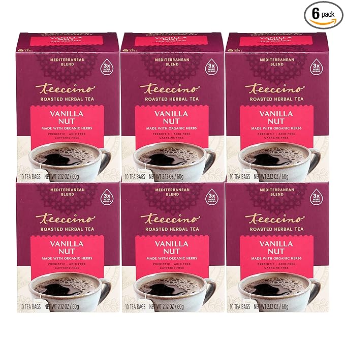 Teeccino Vanilla Nut Herbal Tea - Rich & Roasted Herbal Tea That’s Caffeine Free & Prebiotic for Natural Energy, 10 Tea Bags (Pack of 6)