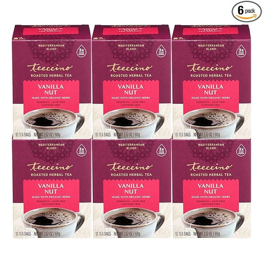 Teeccino Vanilla Nut Herbal Tea - Rich & Roasted Herbal Tea That’s Caffeine Free & Prebiotic for Natural Energy, 10 Tea Bags (Pack of 6)