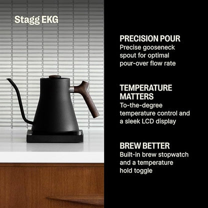 Fellow Stagg EKG Electric Gooseneck Kettle - Pour-Over Coffee and Tea Kettle - Stainless Steel Water Boiler - Quick Heating for Boiling Water - Matte Black With Walnut Handle