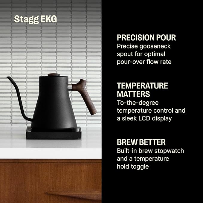 Fellow Stagg EKG Electric Gooseneck Kettle - Pour-Over Coffee and Tea Kettle - Stainless Steel Water Boiler - Quick Heating for Boiling Water - Matte Black With Walnut Handle