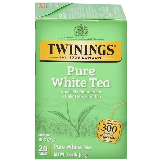 Twinings Pure White Tea Individually Wrapped Bags, 20 Count (Pack of 1), Light & Fresh, Caffeinated, Enjoy Hot or Iced, 20 Teabags