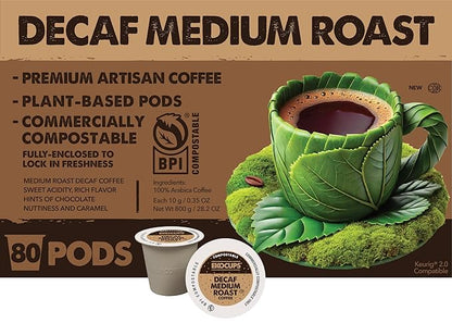 Ekocups Decaf Medium Roast Coffee Pods – Swiss Water Process, Compostable, Plant-Based & Freshness-Sealed – French Press-Quality Brew – K-Cup Brewer Compatible – 80ct