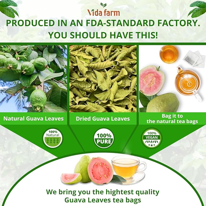 VIDA FARM 125 Premium Guava Leaf Tea Bags, Zero Sugar Tea, Handpicked, 100% Pure and Natural Guava Leaves, Non-GMO, No Caffeine, Gluten-Free, Vegan