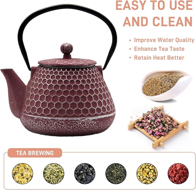 20.3oz Small Cast Iron Teapot, SECHUDO Tea Kettle for Stovetop Safe Coated with Enameled Interior, Pink Tea Pot with Stainless Steel Infuser for Loose Tea (Honeycomb Pattern)