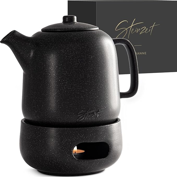 Steinzeit Design Tea Pot with Warmer (44 oz) - Premium Ceramic Teapot with Infuser for Loose Tea - Black Teapot Ceramic with Removable Steamer