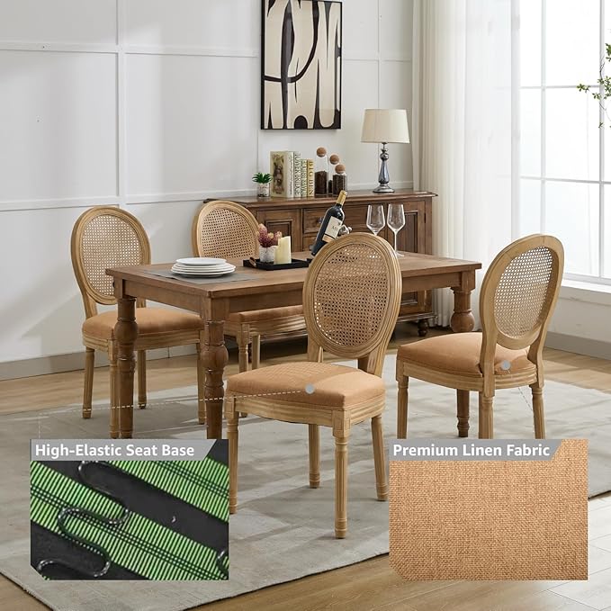 French Country Dining Chairs Set of 4, Amber Cane Back Rattan Dining Chairs with Linen Upholstered Seat, Solid Wood Legs, Farmhouse Kitchen & Dining Room Chairs, Sillas De Comedor (Amber, 4Pcs)