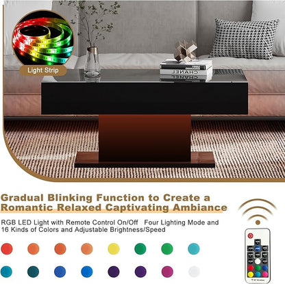 Led Coffee Table for Living Room, Living Room Table Rectangular Center Table, Modern High Glossy Wooden Coffee Tables with 16 Colors LED Lights for Dining Reception Room, Black