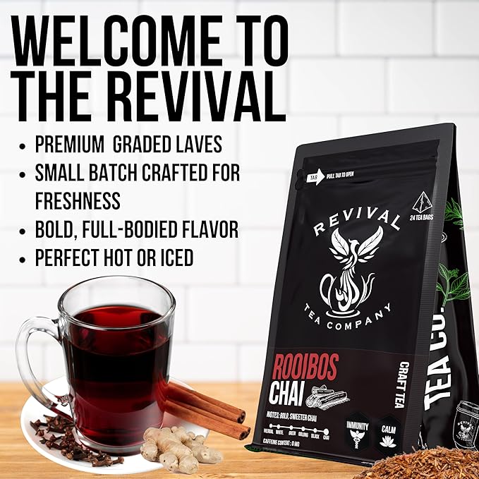 Revival Tea Company Rooibos Chai Tea - Rooibos Red Tea Blend with Fresh Spiced Chai Flavor - Caffeine Free - Loose Leaf 8 Ounces
