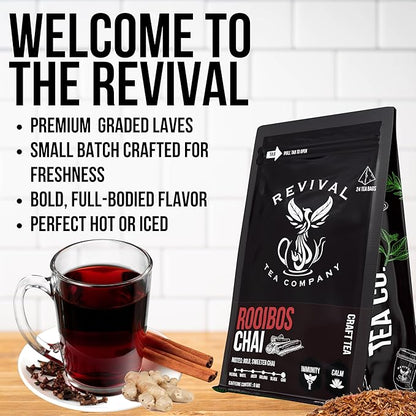 Revival Tea Company Rooibos Chai Tea - Rooibos Red Tea Blend with Fresh Spiced Chai Flavor - Caffeine Free - Loose Leaf 8 Ounces