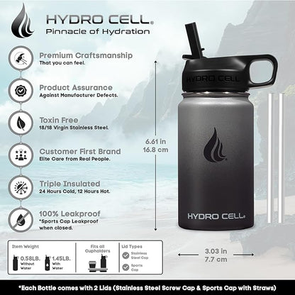 HYDRO CELL Stainless Steel Insulated Water Bottle with Straw - For Cold & Hot Drinks - Metal Vacuum Flask with Screw Cap and Modern Leakproof Sport Thermos for Adults (Graphite/Black 14oz)