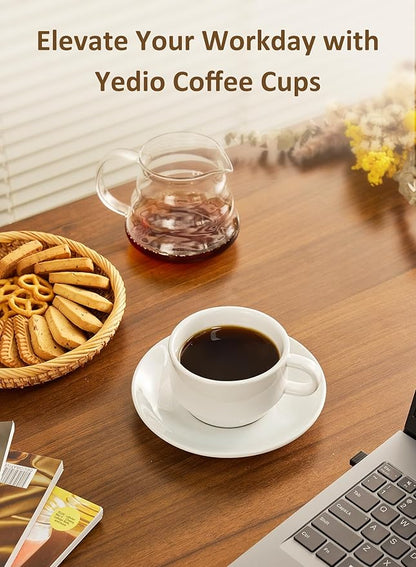 Yedio 4 oz Espresso Cups with Saucers and Metal Stand, Porcelain Stackable Coffee Cappuccino Cups Set of 4, White