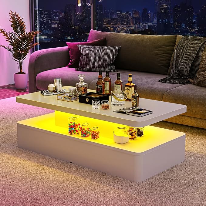 oneinmil Modern LED Coffee Table, 47" Living Room Tables with Double-Layer Design, 16 Colors LED Lights, Stylish Coffee Tables for Living Room, Home, Office, White