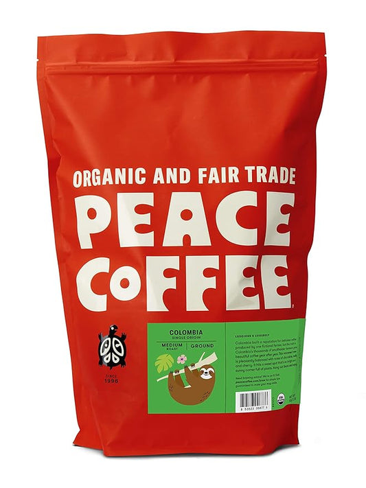 Peace Coffee Colombia Single Origin Coffee | 5 lb Ground Medium Roast | Organic Fair Trade | Smooth, Crisp Flavor | Shade Grown, Fresh Roasted