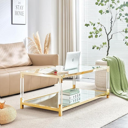 47 inch Glass Coffee Table with Gold Chrome Metal Base, 2-Tier Rectangle Clear Glass Center Table Tea Tables, Modern Coffee Table Living Room Table Cocktail Table, 47" Acrylic Center Tables
