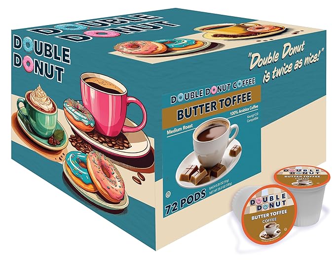 Double Donut Butter Toffee Flavored Coffee Pods, Medium Roast Coffee, Compatible with Keurig K Cups Brewers, 72 Count