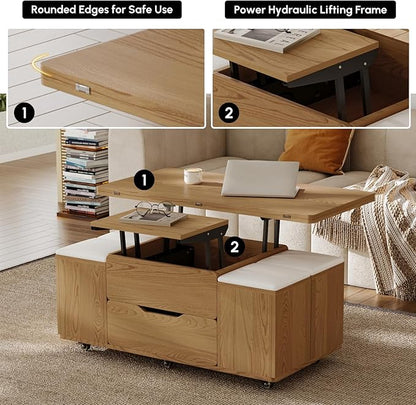 homary Natural Lift Top Coffee Table with Hidden Storage, 3 in 1 Multi-Function Modern Folding Center Table with 4 Stools and Casters