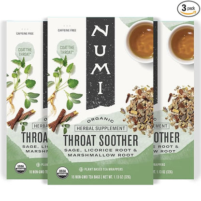 Numi Organic Throat Soother Tea, 16 Tea Bags (Pack of 3), Licorice and Marshmallow Root Tea