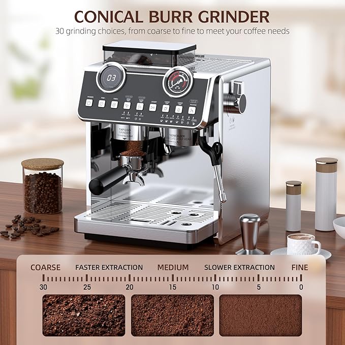 Espresso Machine with Grinder, 20 Bar Pressure Professional Espresso Maker with 30 Grinding Settings, 58mm Portafilte, Anti-scalding Milk Frother Steam Wand for Latte Cappuccino (Stainless Steel)