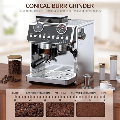 Espresso Machine with Grinder, 20 Bar Pressure Professional Espresso Maker with 30 Grinding Settings, 58mm Portafilte, Anti-scalding Milk Frother Steam Wand for Latte Cappuccino (Stainless Steel)