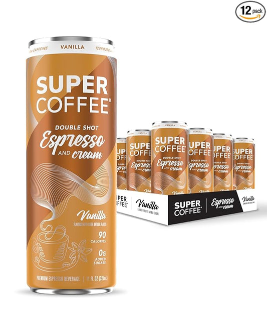 SUPER COFFEE Espresso, Iced Keto Coffee (0g Added Sugar, 90 Calories) [Vanilla] 11 Fl Oz, 12 Pack | Smart Coffee Drink - SoyFree GlutenFree