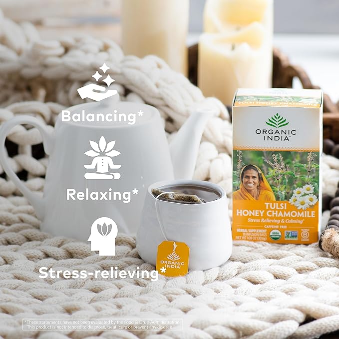 ORGANIC INDIA Tulsi Honey Chamomile Tea Bags - Herbal Tea for Stress Relieving & Calming, USDA Certified Organic, Caffeine Free - 18 Tea Bags, 3 Pack