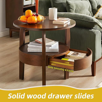 Round Coffee Table with Hidden Drawer - 20" D x 20" H Natural Wood Side Table with Drawer, 2-Tier Rustic Retro End Table with Storage, Small Coffee Table for Living Room, Dark Brown