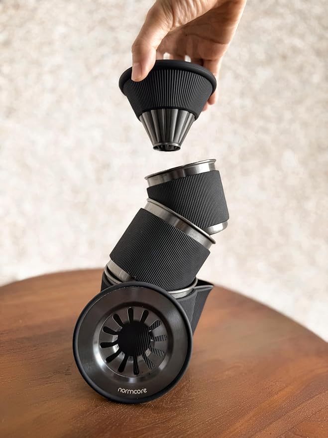 Normcore Travel Pour Over Set, Portable Pour Over Coffee Maker Set, Single Cup Travel Coffee Dripper, Use V60 and Wave Filter Paper Coffee Maker, 304 Stainless Steel, Matte Black Coating