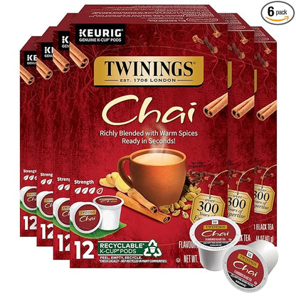 Twinings Chai Black Tea 72 K-Cup Pods for Keurig, 12 Count (Pack of 6), Naturally Sweet, Savoury Spice Flavour, Caffeinated, Enjoy Hot or Iced