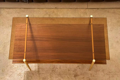 Shrine Rectangle Coffee Table, Mid-Century Modern Design, 2-Tier Structure, Amber Glass Top and Walnut MDF Shelf, 41" D x 21" W x 17" H, Sleek Conical Metal Legs with Gold Finish