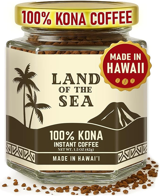 KONA COFFEE 100% - Freeze Dried Instant Coffee - Low Acid Coffee - Medium Roast Hawaiian Coffee - Crafted from Arabica Beans, 1.5oz (1 Pack)