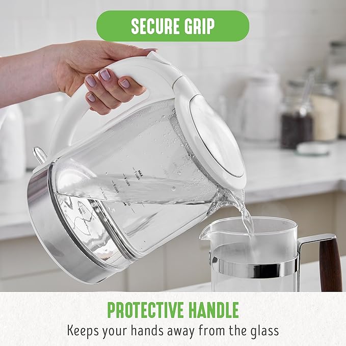 GreenLife 1.7 Liter Glass Electric Kettle, Easy One Touch Use, Quick Heating, Filtered Spout, LED Base, Auto Shut-Off, Cordless Serving, Coffee and Tea, White