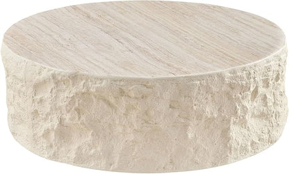 Faux Rock Coffee Table,Drum Coffee Table Fiberglass Round Tea Table for Living Room, Accent Imitation Stone Central Table No Need Assembly, Beige White